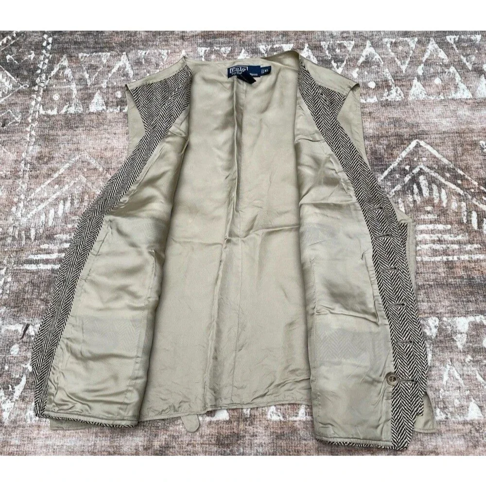 Polo Ralph Lauren Herringbone Wool Linen Silk Vest Waistcoat XL Preppy Academia